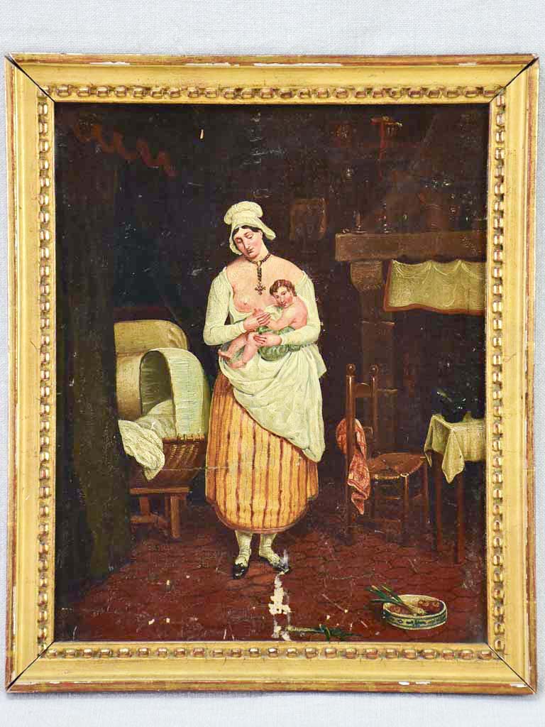 19th Century French painting of a nurse and baby 12½" x 15"