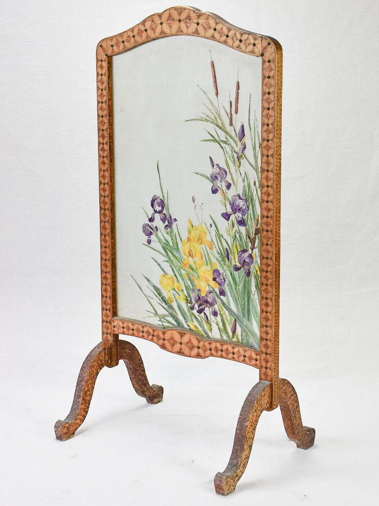 Early-20th-century French fireplace screen - marquetry and glass with iris 40½"