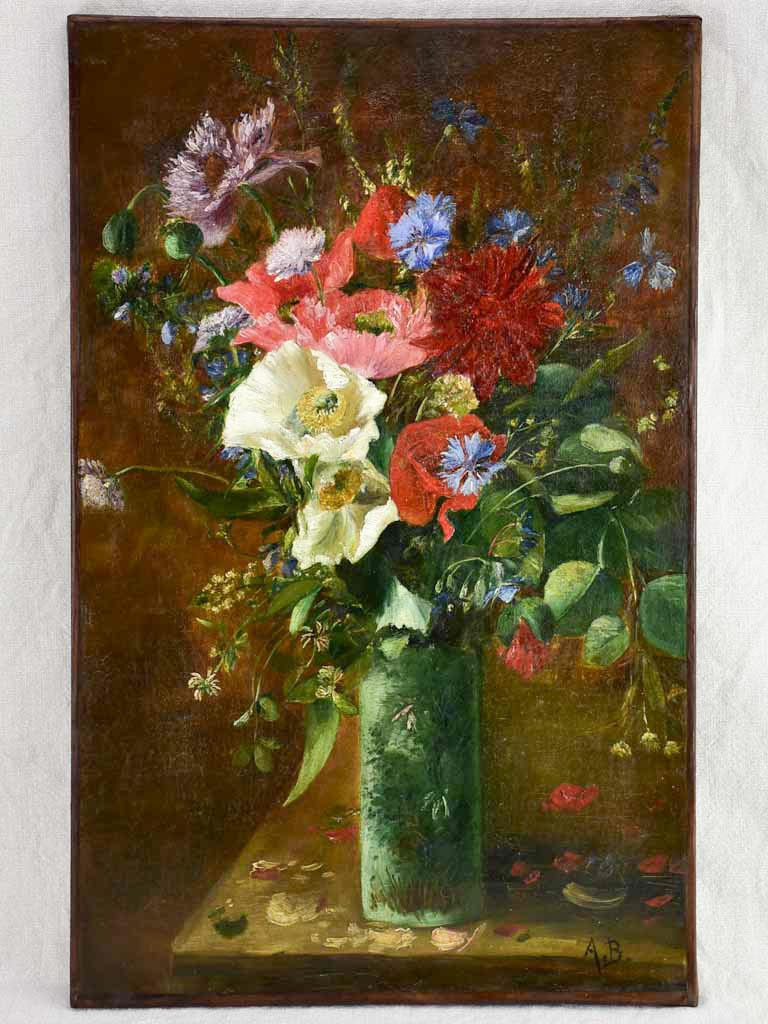 Antique French still life floral bouquet w/ poppies & cornflowers 16¼" x 25½"