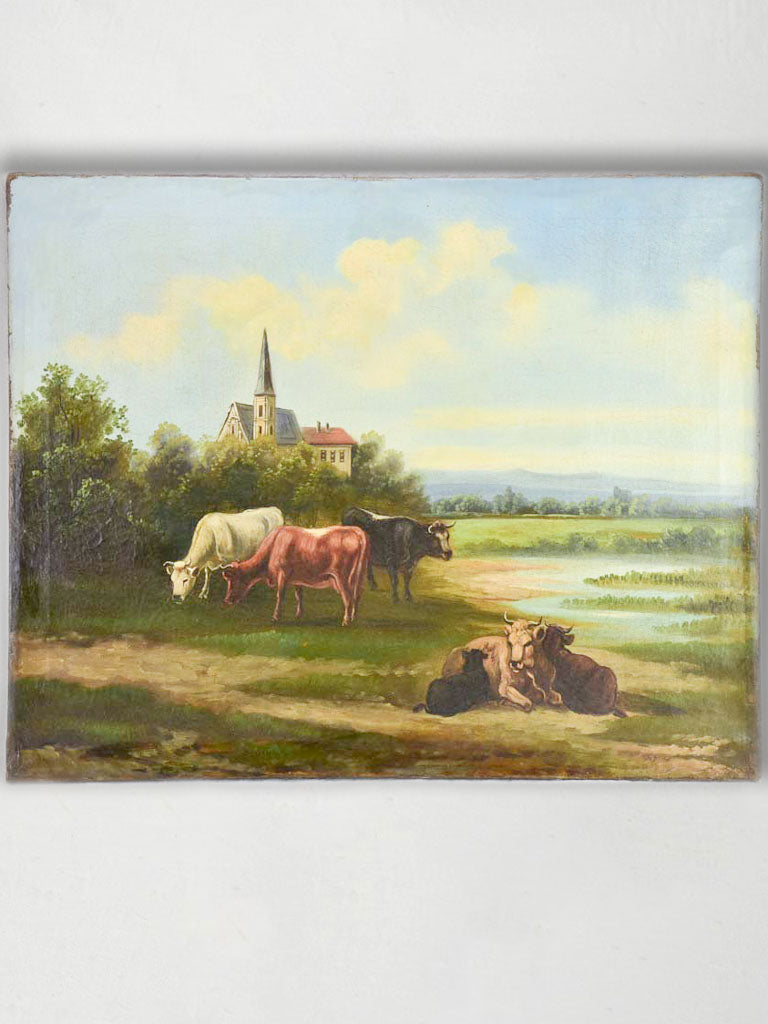 19th Century French landscape painting with cows in a field - Normandy 27¼" x 21¾"