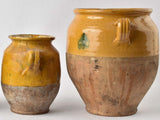 2 antique French confit pots w/ green splashes " - 8¾" & 11¾"