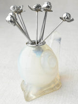 8 Escargot picks in translucent glass snail holder - 4¼"