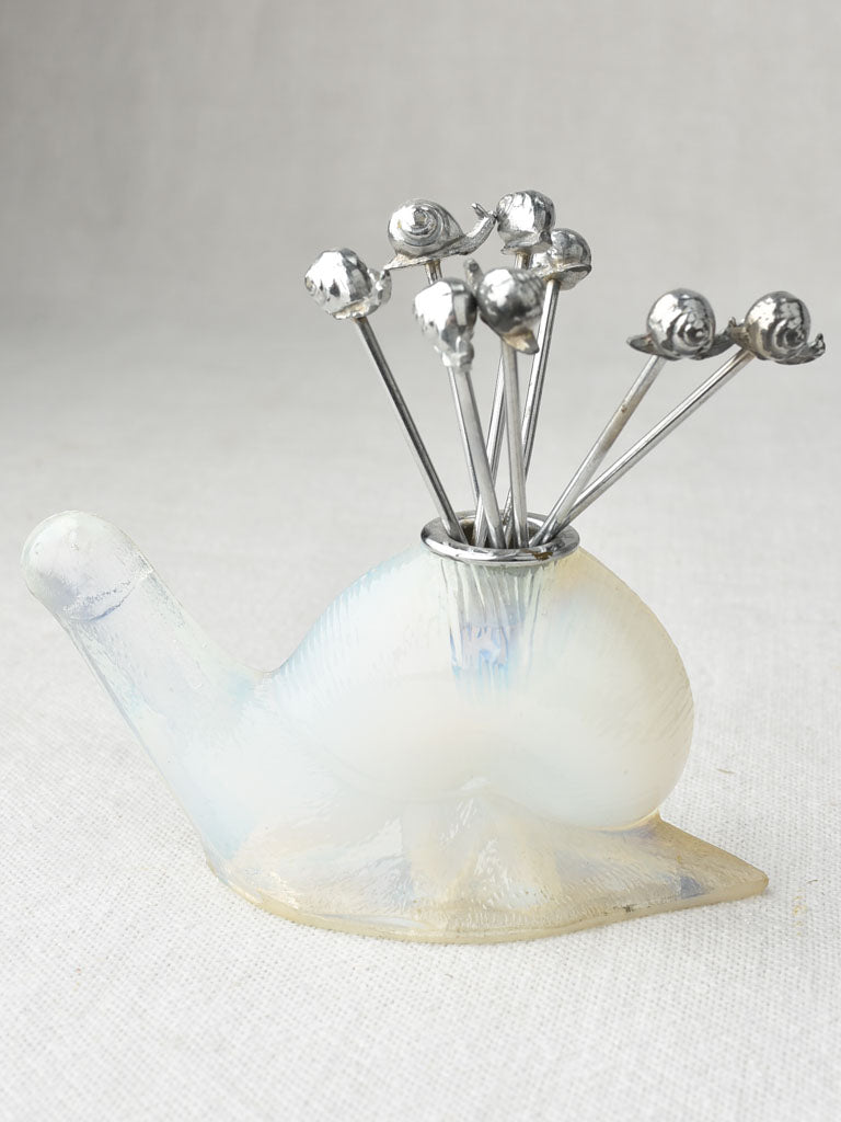 8 Escargot picks in translucent glass snail holder - 4¼"