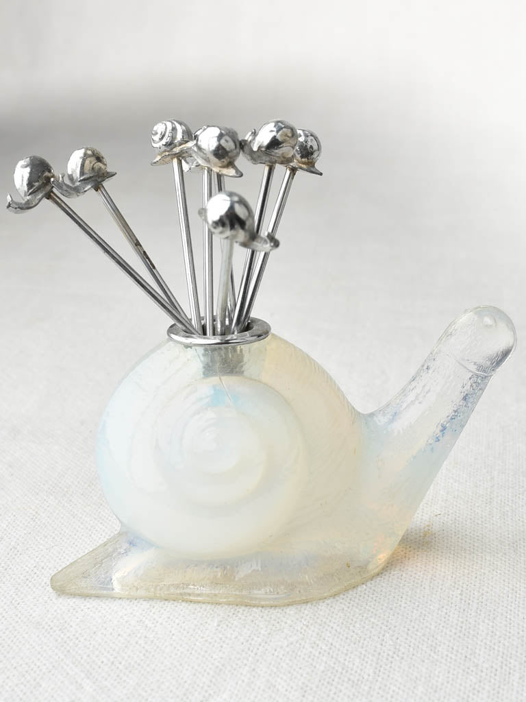 8 Escargot picks in translucent glass snail holder - 4¼