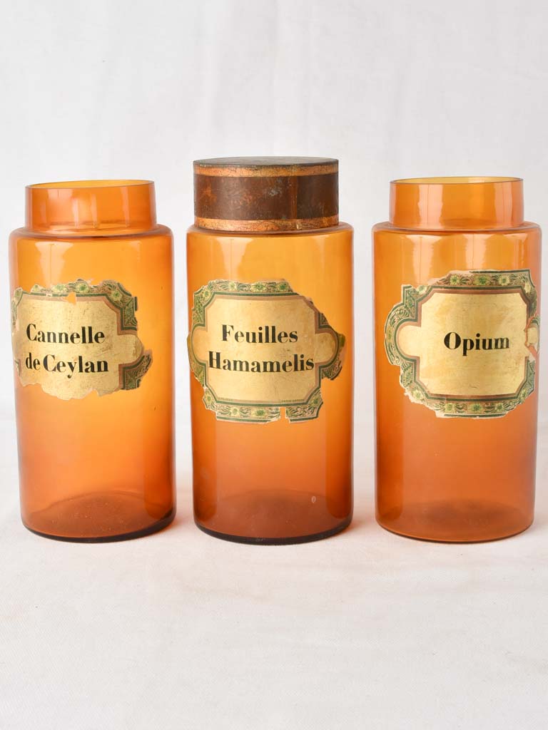 Antique French amber glass apothecary jars