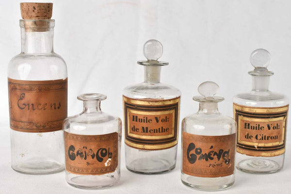 Collection 5 glass antique apothecary jars 3½" - 7"