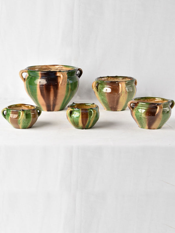 Collection of Anduze flower pots w/ green brown yellow glaze 2¾" - 6¾"