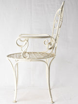 Pair antique French wrought iron garden armchairs w/ white patina
