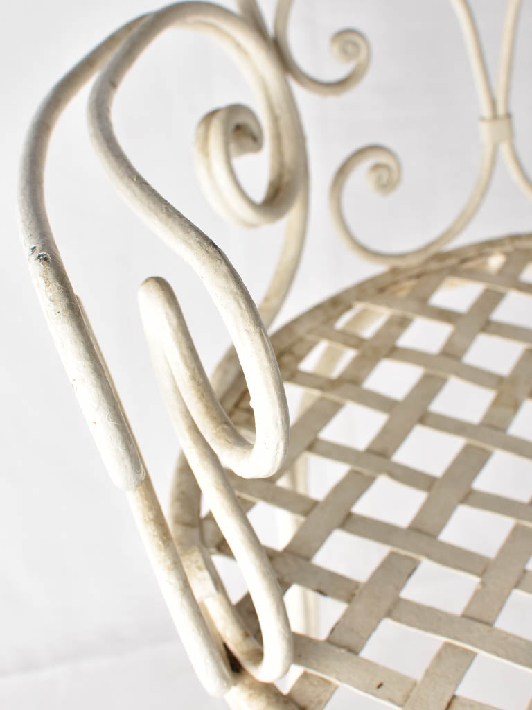 Pair antique French wrought iron garden armchairs w/ white patina