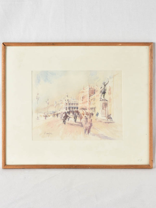 Antique signed Fauja watercolor streetscape painting