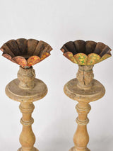 4 rustic wooden candlesticks w/ tole  17¼"