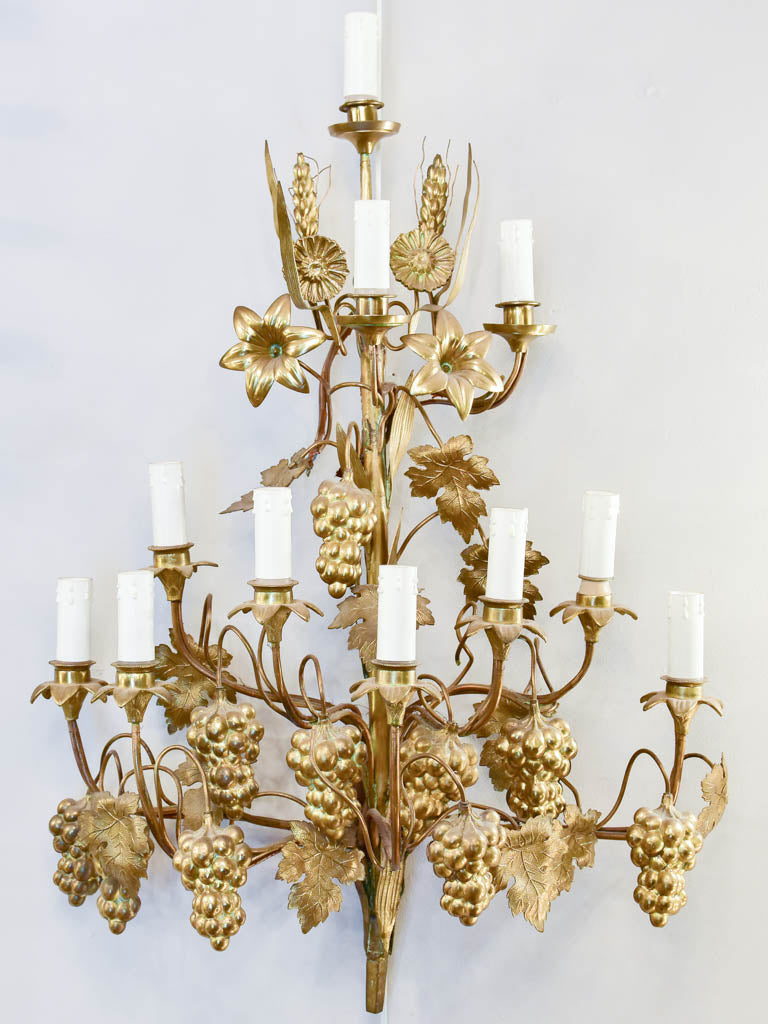 Large PAIR of gold wall sconces with grapes and vine leaves