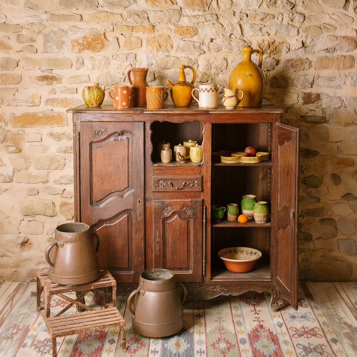 Charming Antique French Country Kitchen Cupboard with Rustic Patina - 51½" x 53½"