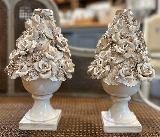 Pair of Italian floral bouquet ornaments - cream 11¾"