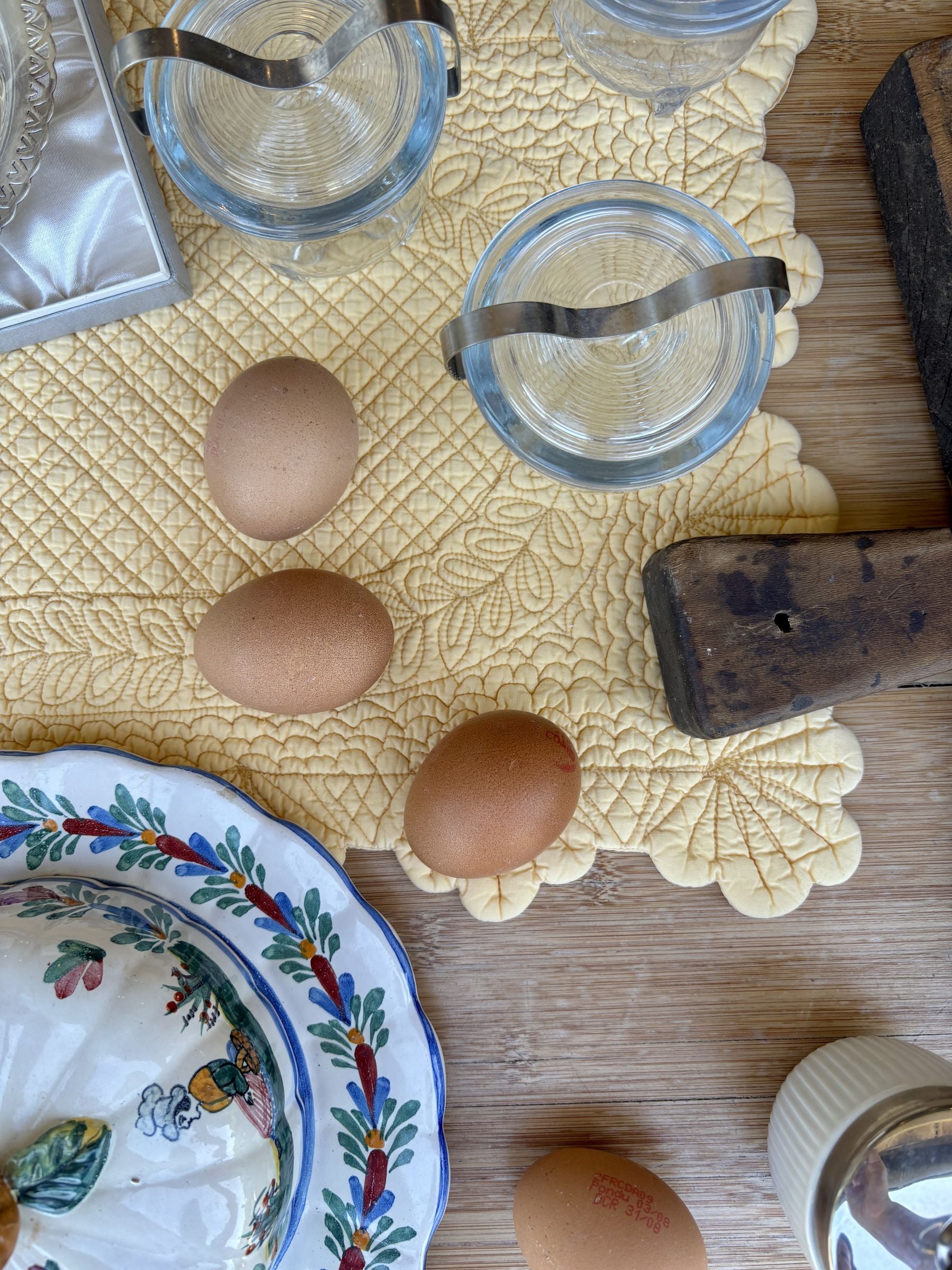 Set of Three French Glass Egg Coddlers with Metal Handles
