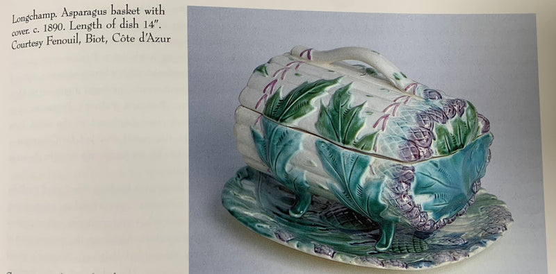 Lidded Majolica asparagus basket & platter - Longchamp 1890