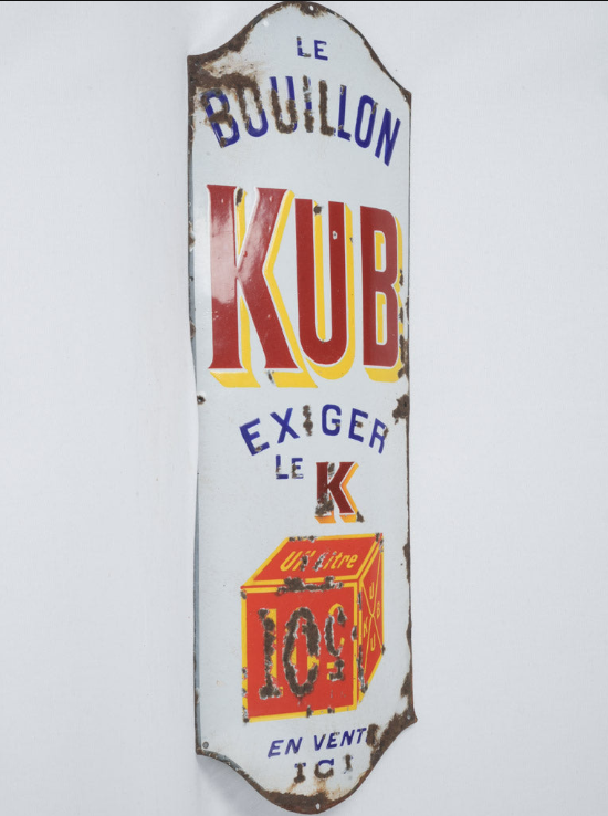 Large colorful French enameled épicerie advertisement sign for bouillon cubes 39" x 13½"
