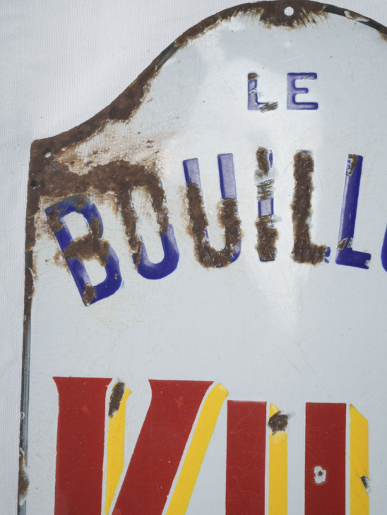Large colorful French enameled épicerie advertisement sign for bouillon cubes 39" x 13½"