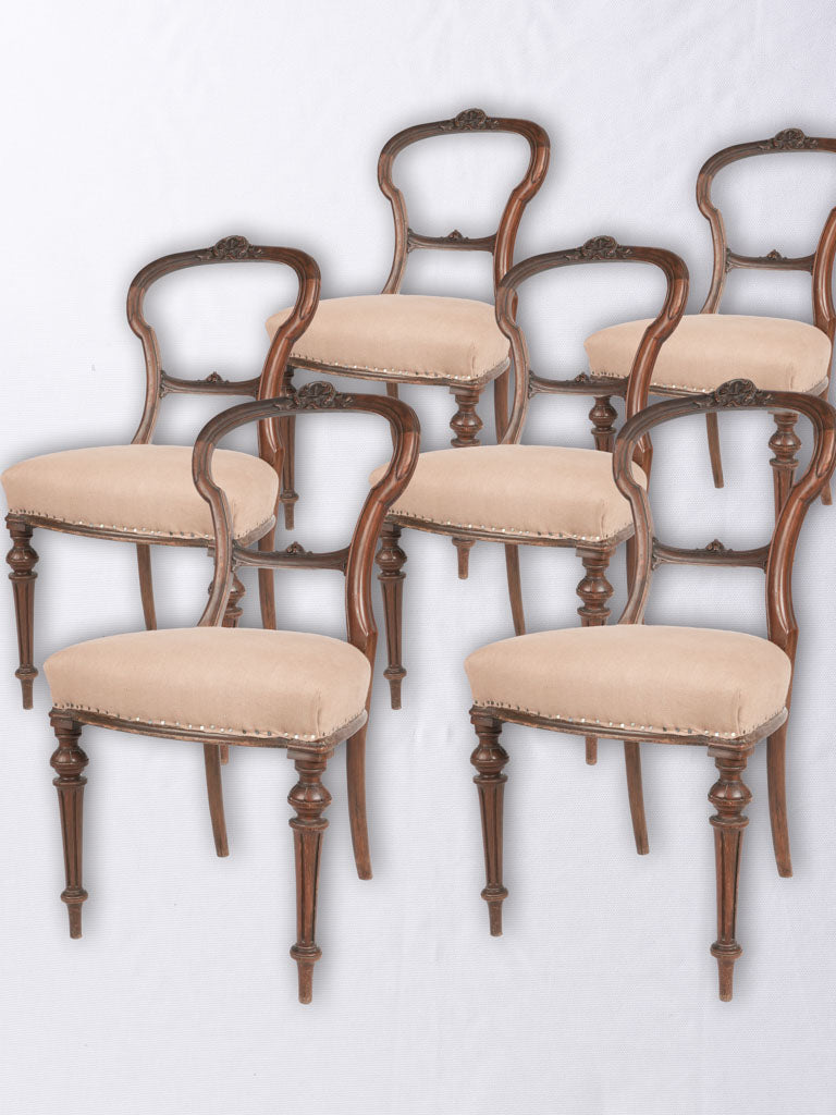 6 antique French dining chairs w/ linen