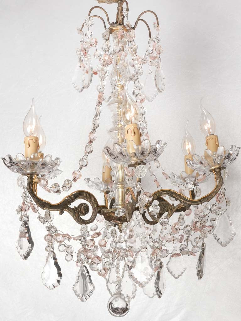 Antique French crystal chandelier w/ pink 29½" x 19¾"