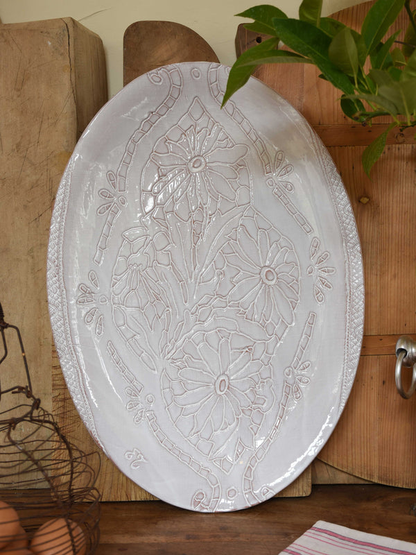 Large oval platter with flowers and lace imprints