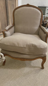 Large pair of 19th century Bergere armchairs with new linen uphostery