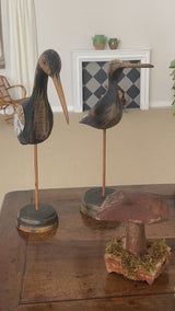 Two vintage wooden sculptures of ibis birds 17"