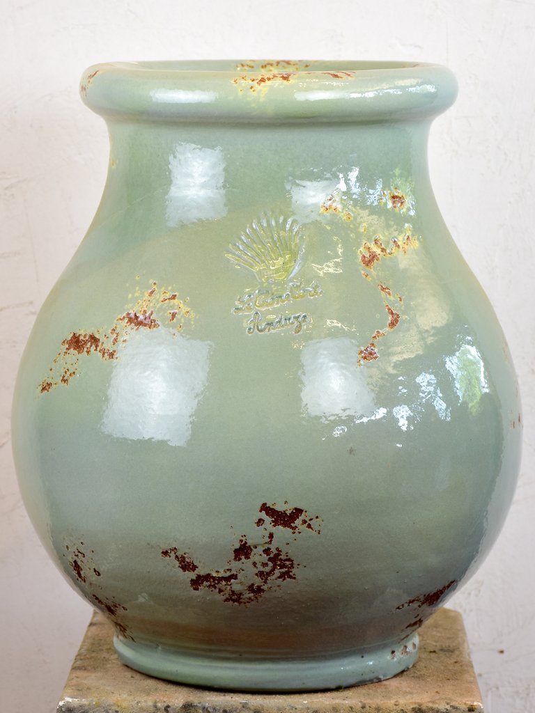 Pair of rope thrown bespoke Biot Jars – antique celadon - full glazed / 21¾”