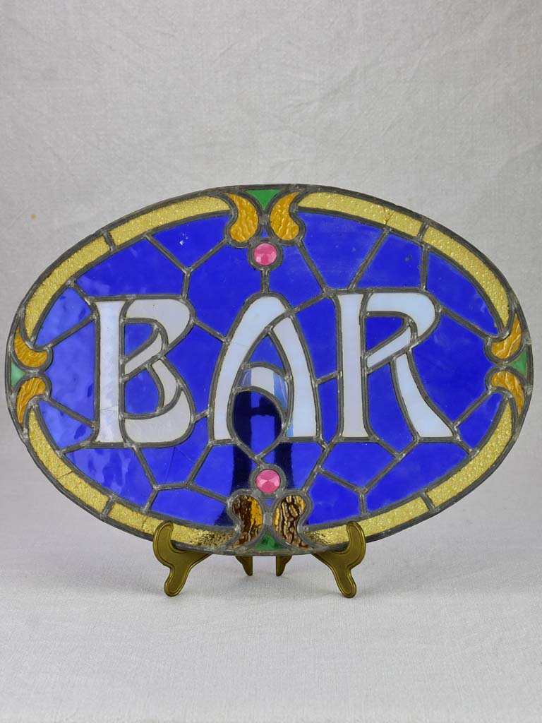Rare Art Nouveau Bar sign - blue lead light glass 17¼" x 12¼"