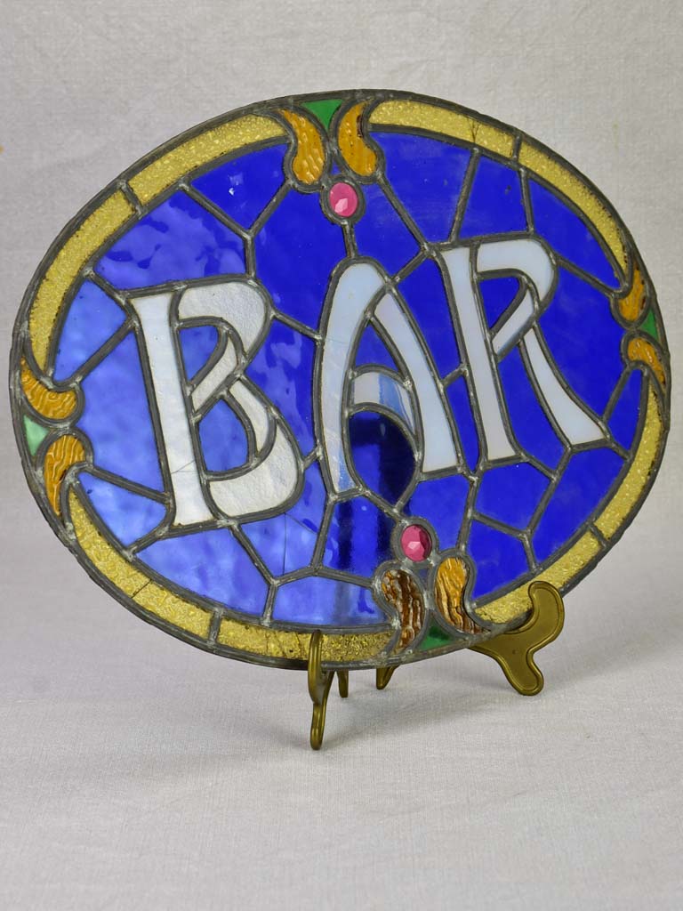 Rare Art Nouveau Bar sign - blue lead light glass 17¼" x 12¼"