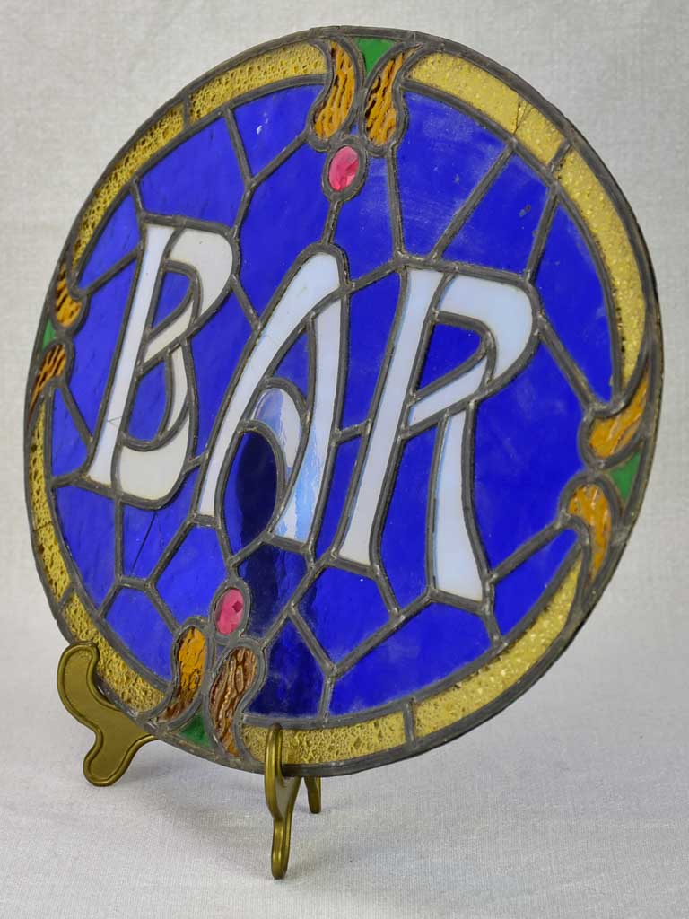 Rare Art Nouveau Bar sign - blue lead light glass 17¼" x 12¼"