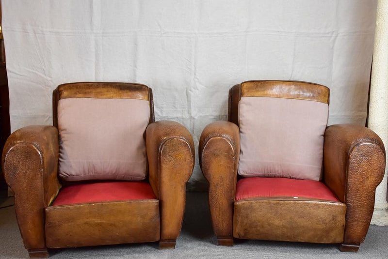 Pair of very large 1950's French leather club chairs
