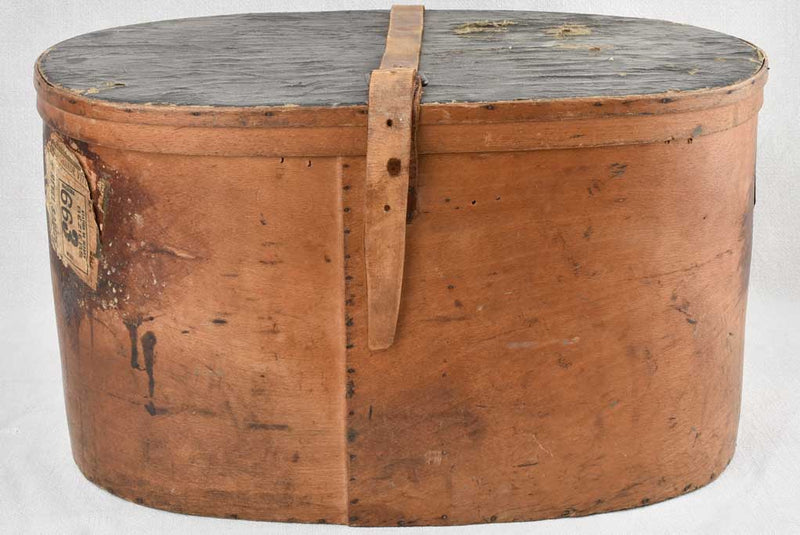 Leather-strapped French plywood hat box