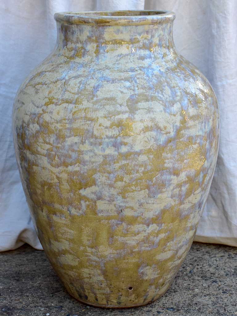 Large mid century terracotta pot with blue / brown / beige glaze 29¼"