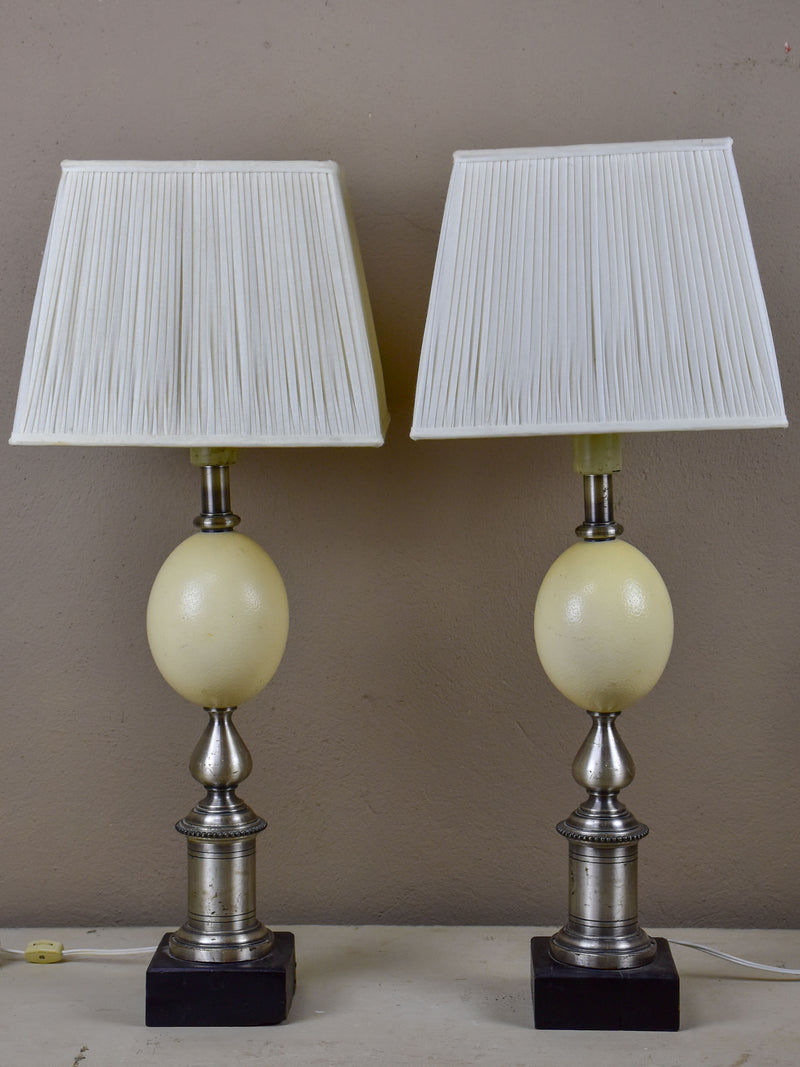 Pair of ostrich egg lamps with square lampshades