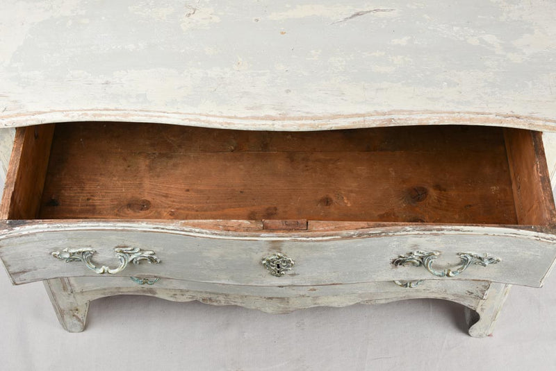 Regional 3 drawer commode, 19th century, distressed pale blue patina 47¾""