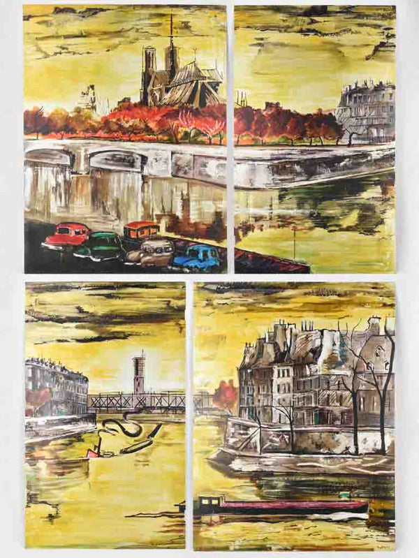 Vintage 4 part polyptych painting - Paris scene 39½"