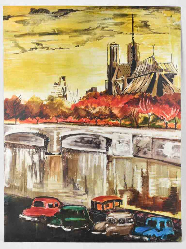 Vintage 4 part polyptych painting - Paris scene 39½"