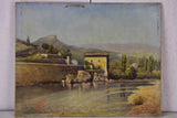 Antique French painting of a house on a river 9 ¾'' x 12 ½''