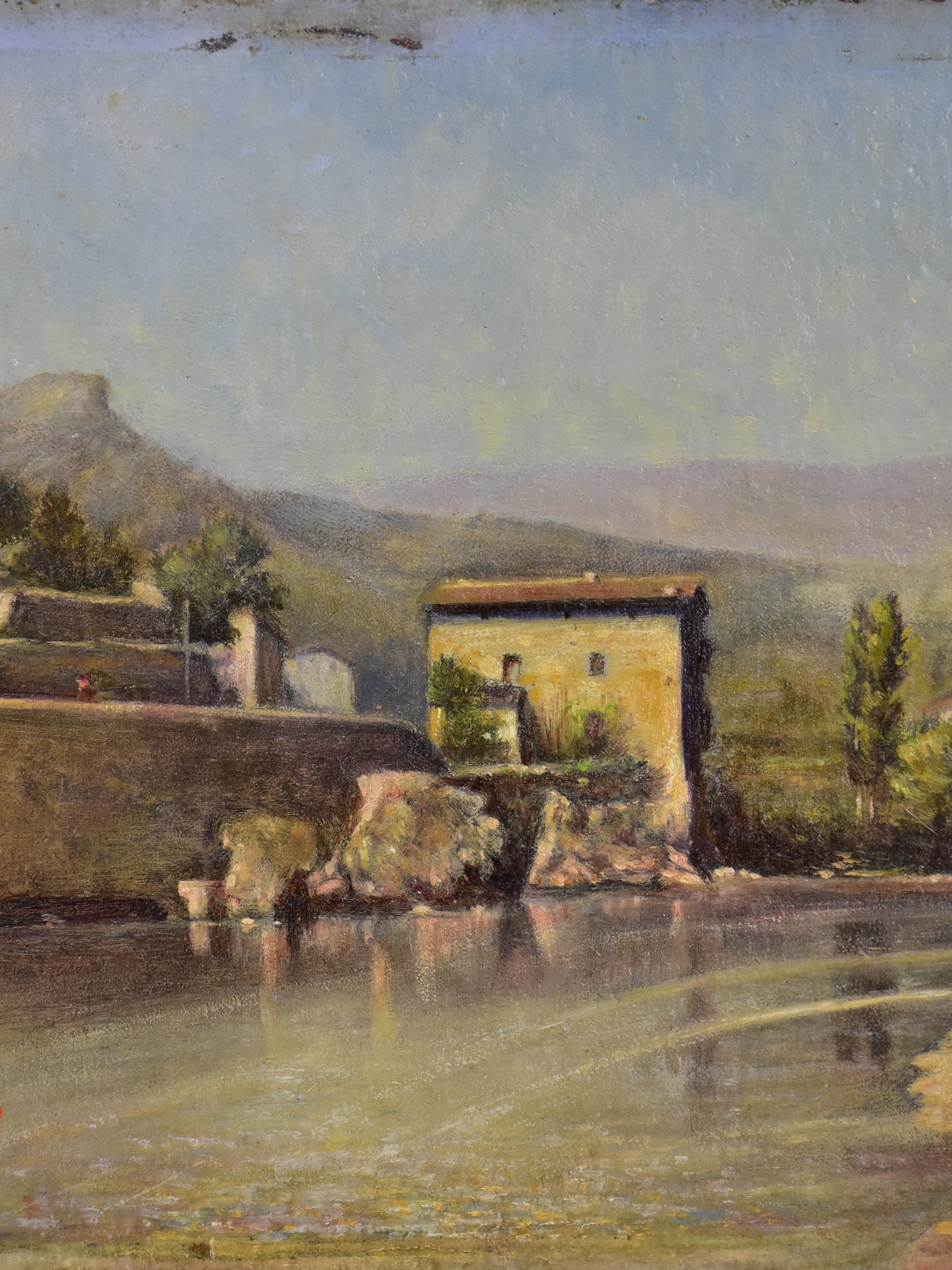 Antique French painting of a house on a river 9 ¾'' x 12 ½''