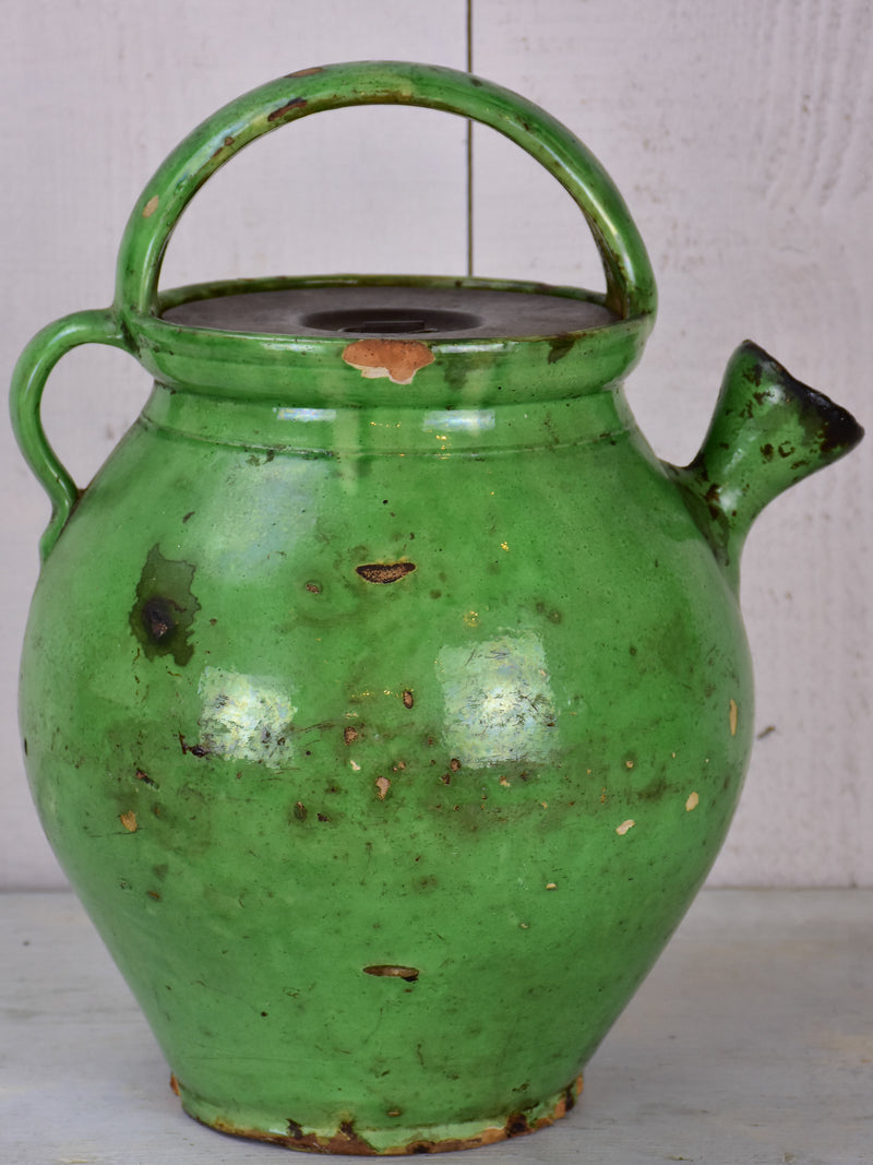 Antique French waterjug with green glaze and lid