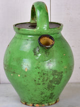 Antique French waterjug with green glaze and lid