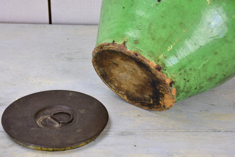 Antique French waterjug with green glaze and lid