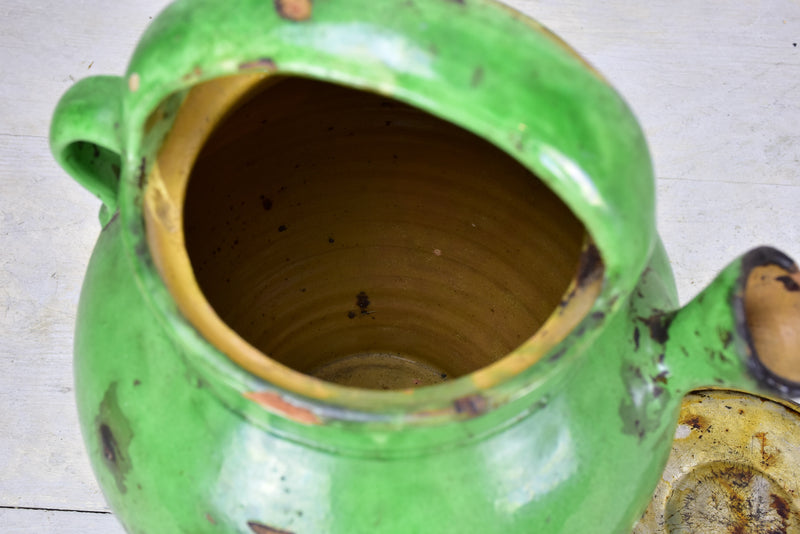 Antique French waterjug with green glaze and lid