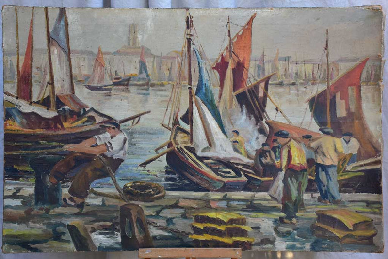 Late 19th Century painting of a fishing harbor 39½" x 25½"