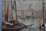Late 19th Century painting of a fishing harbor 39½" x 25½"