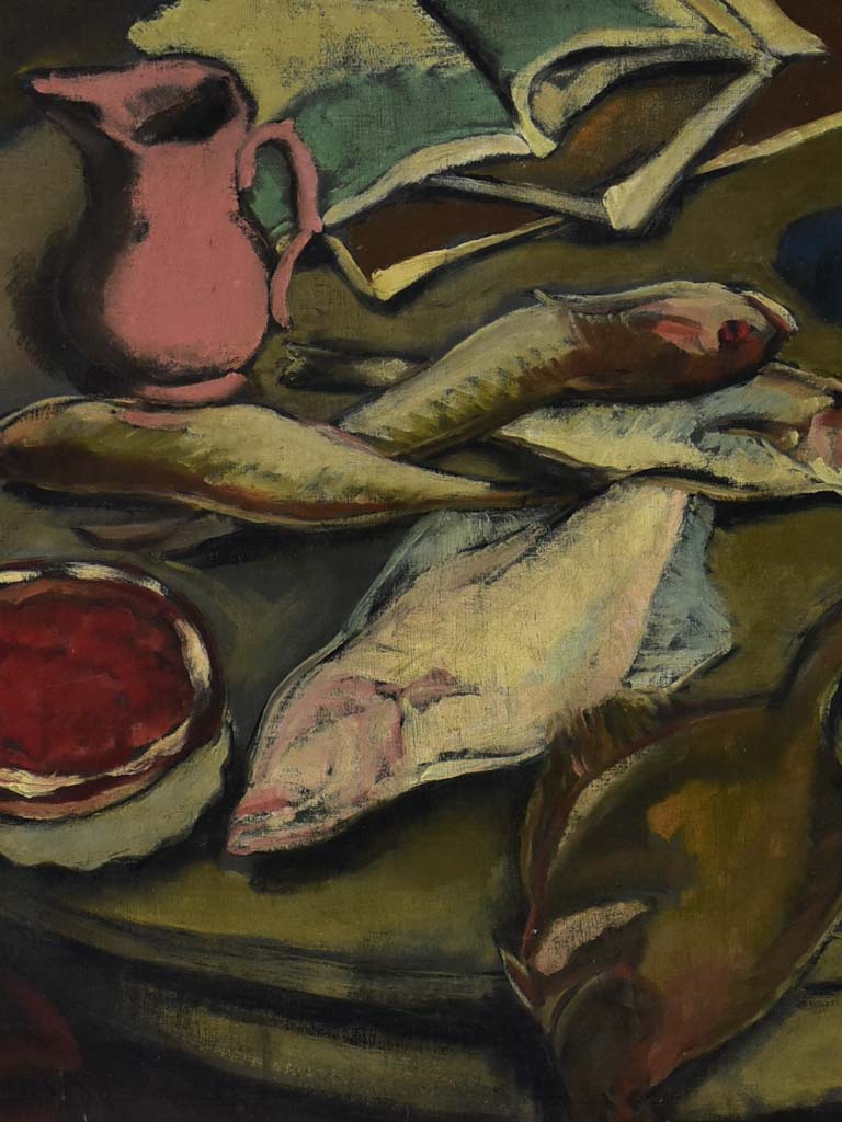 Still life of fish on round table. 1933 signed 27¼" x 33"