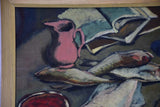Still life of fish on round table. 1933 signed 27¼" x 33"