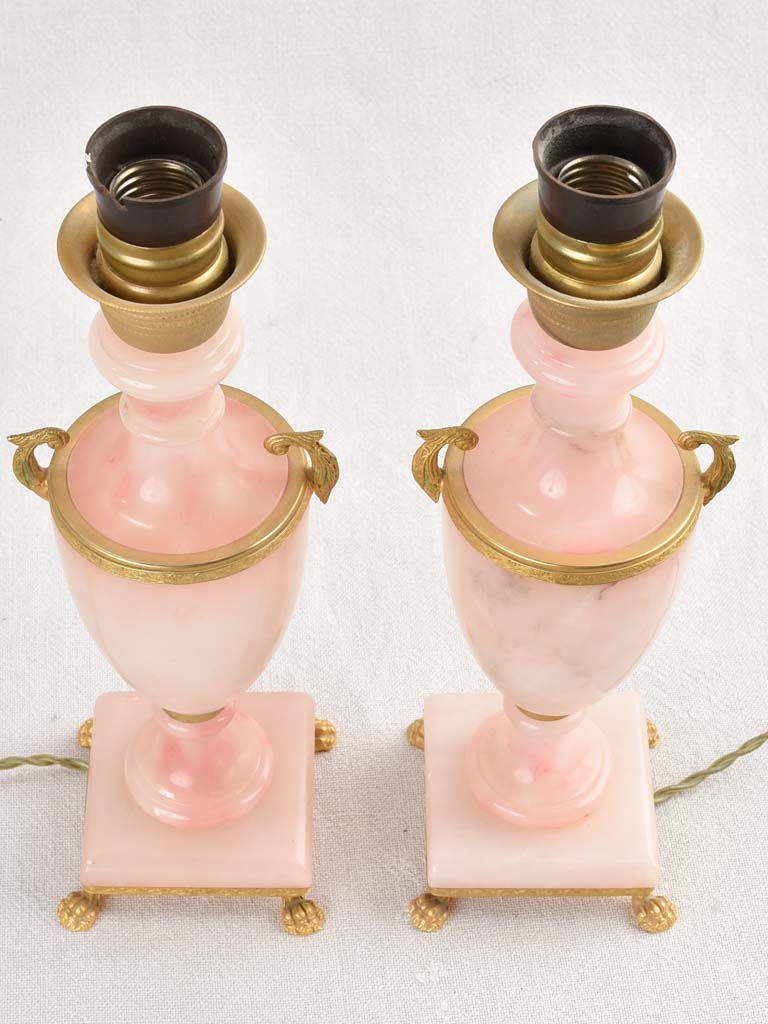 Pair of mid-century pink alabaster lamps 13"