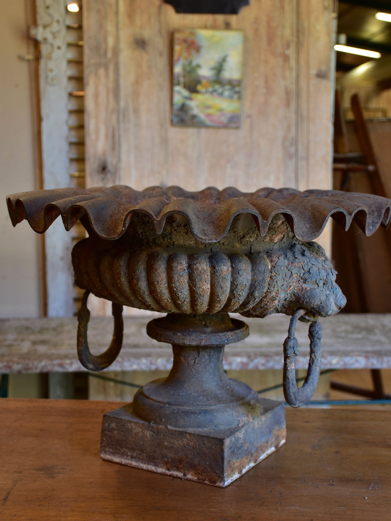 Large antique French urn with lions head handles and rippled edge